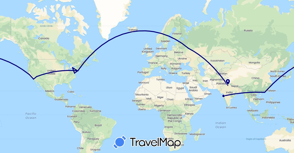 TravelMap itinerary: driving in China, India, Russia, United States (Asia, Europe, North America)